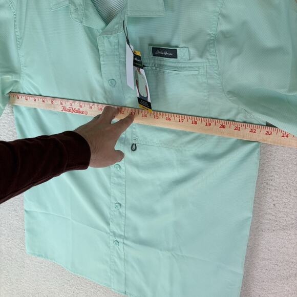 Eddie Bauer Tech Woven Shirt Mens Medium Teal Blue Short Sleeve Fishing Vented - Picture 12 of 16